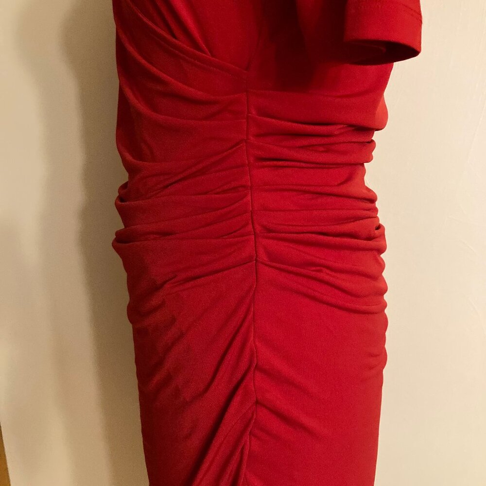 Ruby Red Ruched Dress Bodycon 3/4 Sleeve Valentine Holiday - Picture 10 of 11
